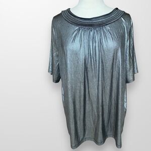 Maggie Barnes Size 1X 18/20W Top Shirt Silver Gray Metallic Short Sleeve Stretch